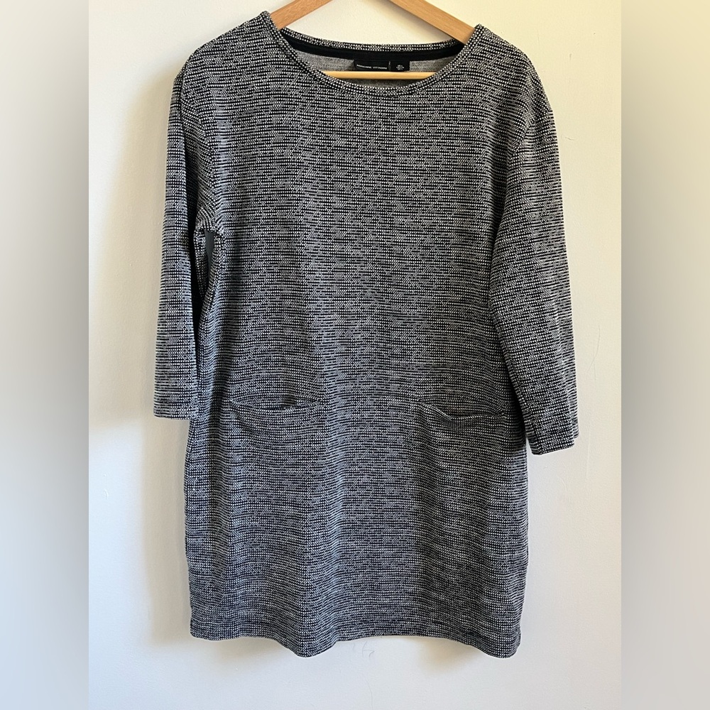Adrienne Vittadini Tunic Dress Women Large Black White 3/4 Sleeve Shift Pockets